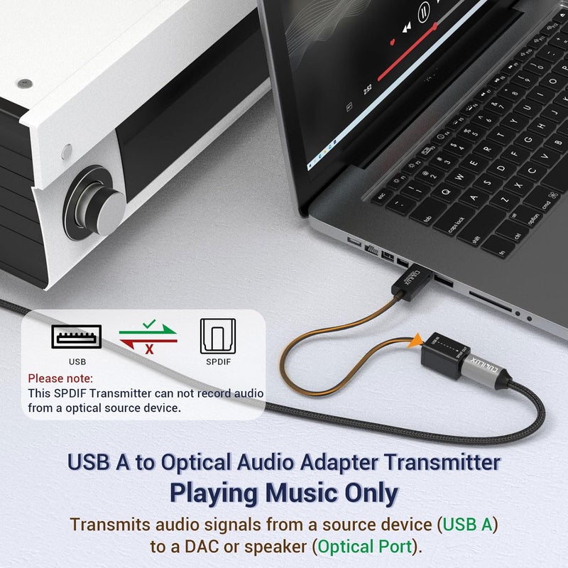 Cubilux USB A to TOSLINK Optical Audio Adapter, Unidirectional USB Type A to SPDIF Digital Converter, S/PDIF Transmitter for Computer Laptop PC PS5/4 ONLY, NOT for TV Or Other Devices - Image 4